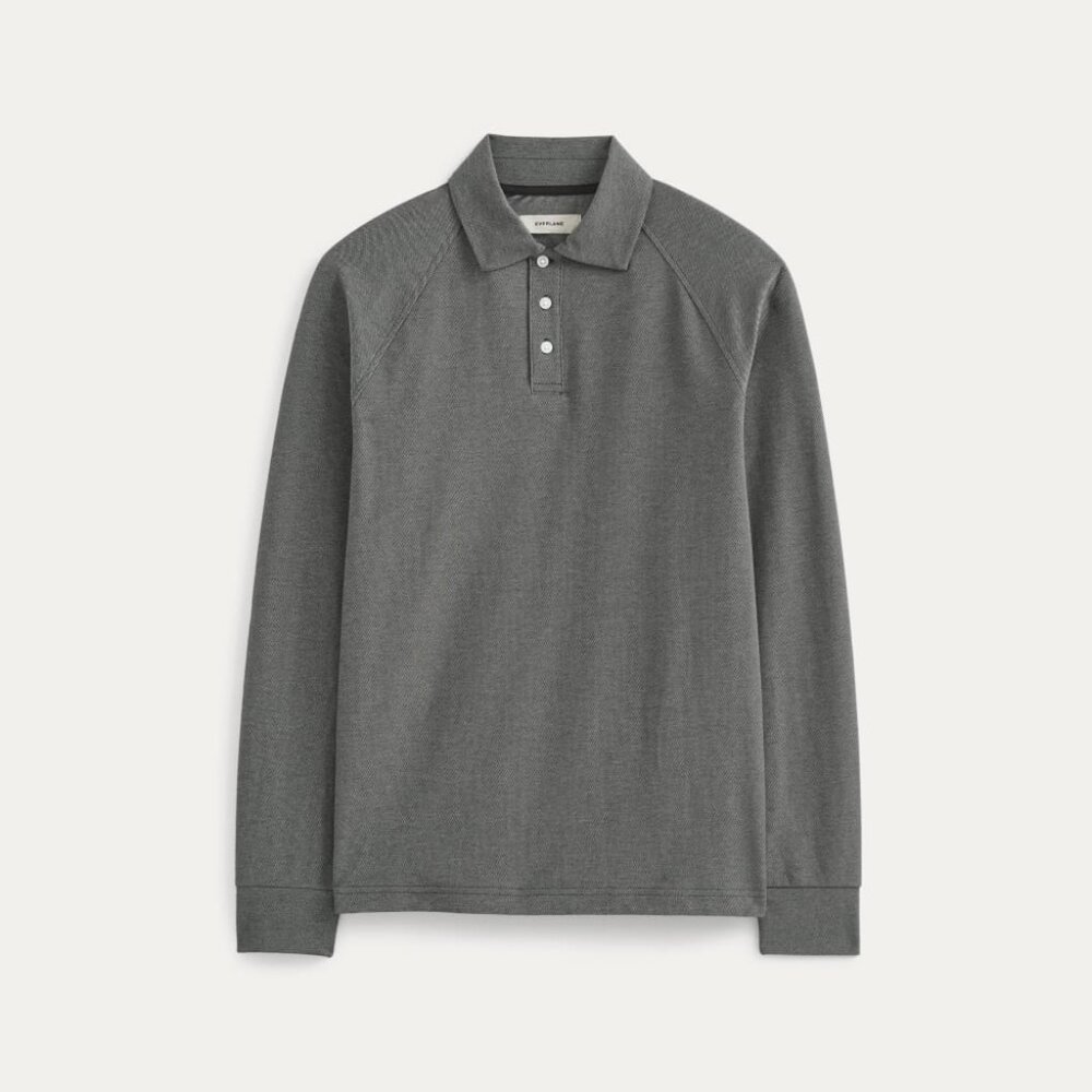 Everlane Men's Startup Raglan Polo Long Sleeve T-Shirt in Black Chambray, Large